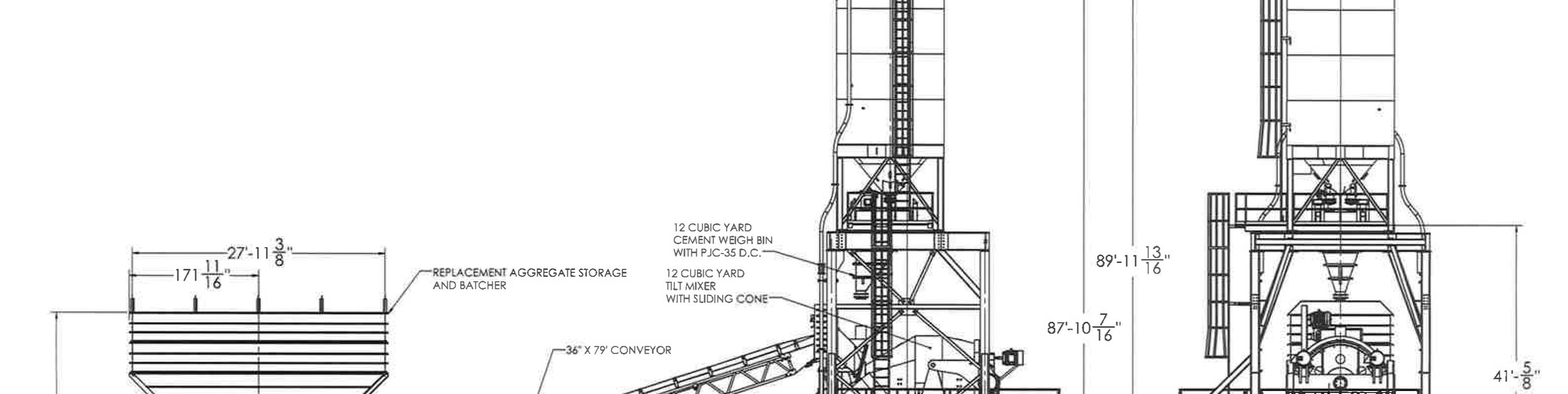 Concrete plant engineering elevation drawing with dimensions